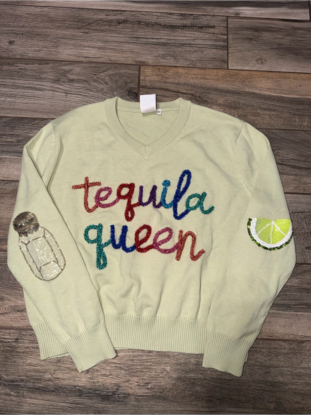 QUEEN OF SPARKLES Light Green Tequila Queen Sequin V-Neck Sweater
